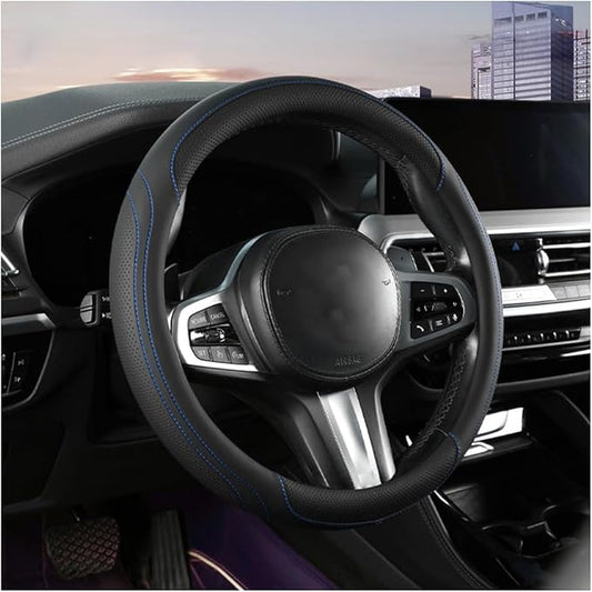 HZEL Car Steering Wheel Cover, 15 Inch Leather Comfortable Vehicle Steering Wheel Protector with Inner Rring, Anti-Slip Automotive Interior Accessories, Universal for SUV RV Truck (Black/Blue)