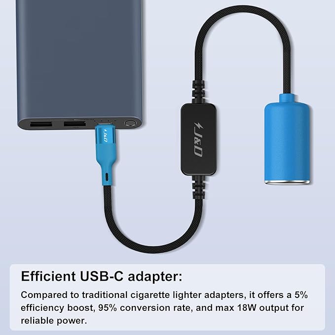 J&D USB C Male to 12V Car Cigarette Lighter Socket Female Converter Cable, 12V 18W Power Cable for Dash Cam, GPS, Car LED Light Strips, Blue, 1 ft