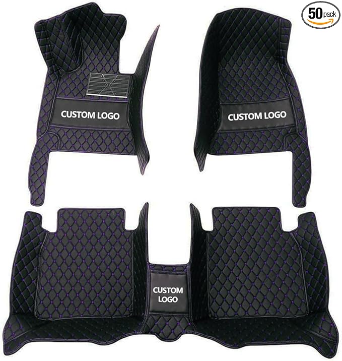 Custom Floor Mats for Cars，Luxury Full Coverage All Weather Car Floor Mats，Leather Car Mat Set ， Floor Mats for 99% of Cars, Trucks & SUVs (Black Purple)