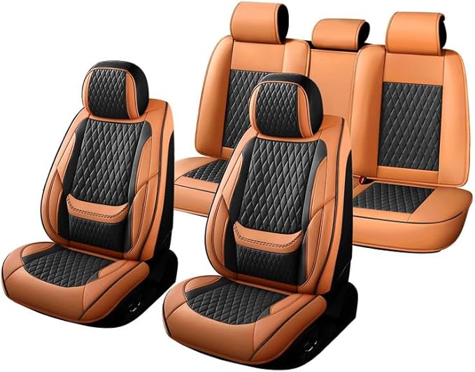 Car Seat Covers Full Set Custom Fit for Chevrolet/Chevy Spark 2012-2022 - Premium Faux Leather with Lumbar Support | Breathable, Waterproof, Anti-Slip, Durable (Black&Brown,Full Set)
