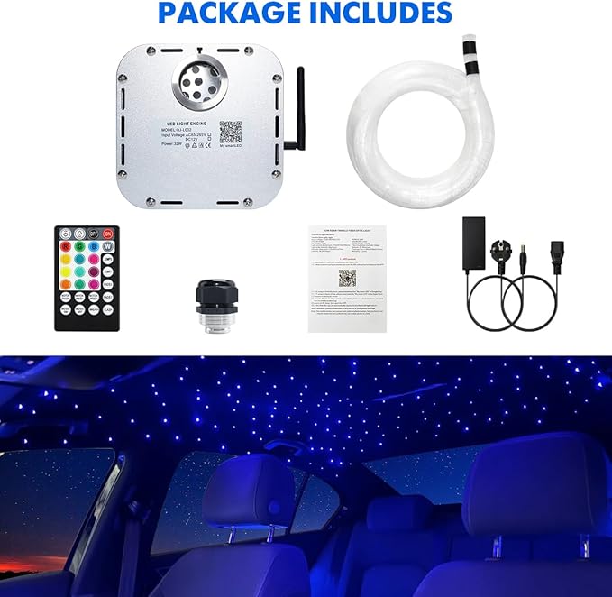 AMKI High Brightness 32W Twinkle 1200pcs Fiber Optic Starlight Headliner Kit 0.03in 13.1ft Fiber Strands RGBW Sound Activated APP Remote Control for Car Home Roof Ceiling Decoration