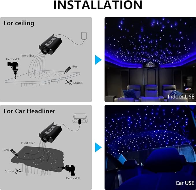 Starlight Headliner Light Kit 16W Upgraded Car Home Fiber Optic Lights 500pcs 0.03in(6.5ft/2m) Sound Activated APP/Remote Control Small Size Star Lights for Car Home Star Ceiling Decoration