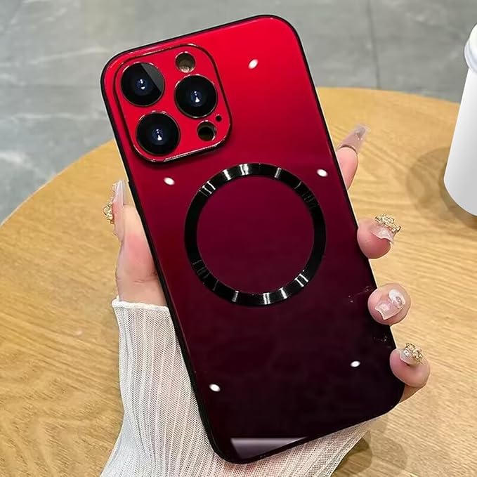 Guppy Compatible with iPhone 15 Pro Case Magnetic, with Full Camera Lens Protector [Compatible with MagSafe] Scratch Resistant Gradient Glass Back Cover Phone Case-Red
