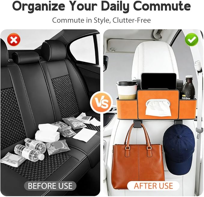 Multifunctional Car Seat Back Storage Box, 3-in-1 Backseat Car Organizer with Dual Cup Holders, Hold Phones, Snacks, Drinks, and Handbags (Brown)