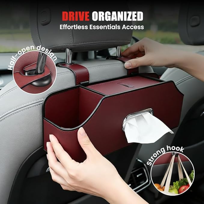 3-in-1 Car Backseat Organizer, 2026 Multifunctional Car Back Seat Storage Organize Box with Cup Holder Tissue Box, for Hold Phones, Snacks, Drinks, Handbags (Black)
