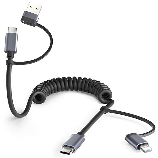 Basesailor for iPhone 17 16 Pro Max Car Charger Cord Coiled 3.3FT,4 in 1 USB C Coil 60W Multi Type C Fast Charging Cable with USB and Lightning Adapter for CarPlay,Apple 15 14 13 12,S26 S25,iPad Air 5