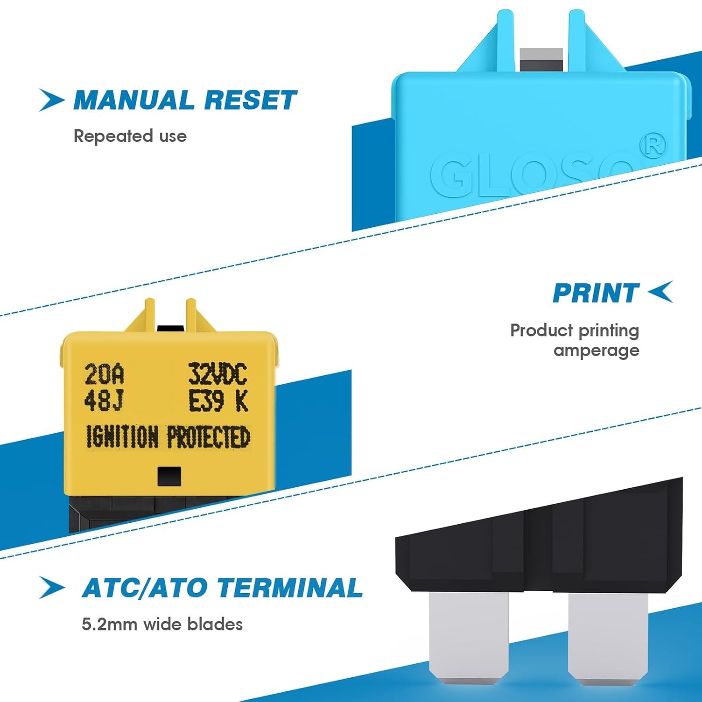 GLOSO Circuit Breaker Blade Fuse E39 (T3) Manual Reset Fuse for Car Truck RV Automotive Marine Boat Trolling Motor & Custom Wiring Audio Battery Protection/Low Profile ATC/ATO (7.5A - 1 Pack)