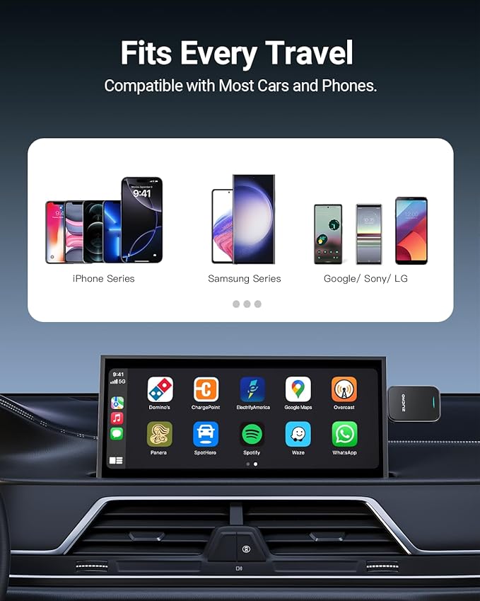 ZUCWO 2-in-1 Mini Wireless CarPlay Adapter for iOS Android Auto Plug and Play Low Latency Portable Carplay Adapter Converts Wired to Wireless CarPlay for iOS10+/Android 11+, Gray