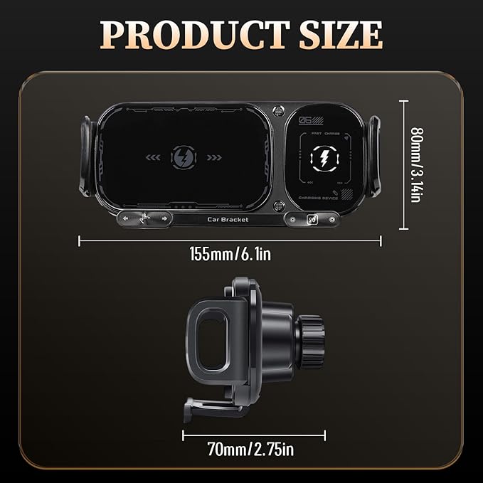 FunApricity Wireless Charging Rotating Car Mount,High Intelligent 2 in 1 Auto Rotating Phone Holder,Car Charger Fast Charging, One-Click Auto-Rotating & Clamping for Smartphone/Pad/Foldable Phone