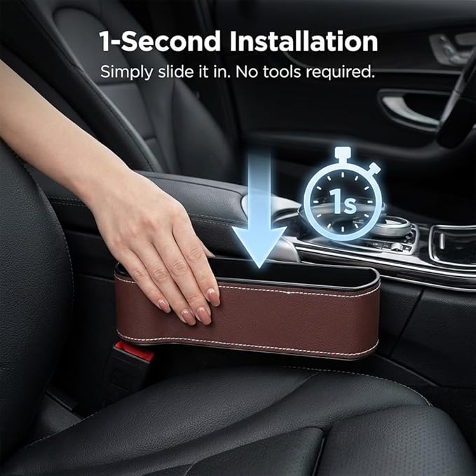 Car Seat Gap Filler Organizer, 2026 New Premium Leather Console Organizer for Holding Phone, Sunglasses, Auto Console Side Storage Box with Cup Holders 2 Seat Hooks for Drink (Black, Passenger Seat)