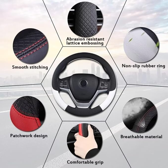 Pahajim Steering Wheel Cover Flat Bottom, D Shaped Car Steering Wheel Wrap PU Leather Anti Skid 14.5-15 Inch (37-38cm) Cubre Volantes Carros for Women Men (Black)