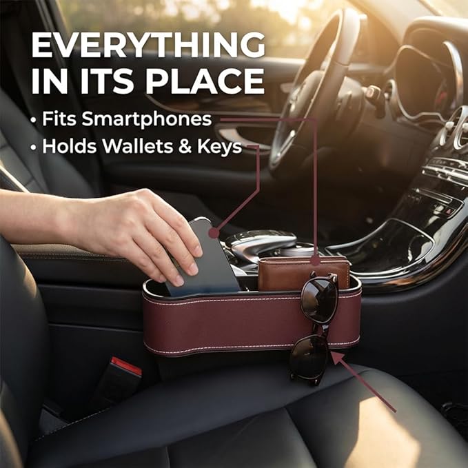 Car Seat Gap Filler Organizer, 2026 New Premium Leather Console Organizer for Holding Phone, Sunglasses, Auto Console Side Storage Box with Cup Holders 2 Seat Hooks for Drink (Brown, 1Set)