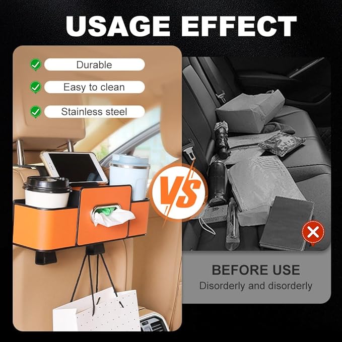 Cars Seat Back Bag, 2025 Upgrade Car Rear Backseat Extra Multifunctional Car Seat Back Storage Box, Multifunctional Car Seat Tissue Organizer with 2 Drink Cup Holder 2 Hooks (Black)