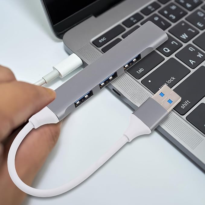 USB Multiport Hub Splitter with 4 USB Ports for Laptop and Car Use in Space Gray with Packaging Box for Multiple Devices