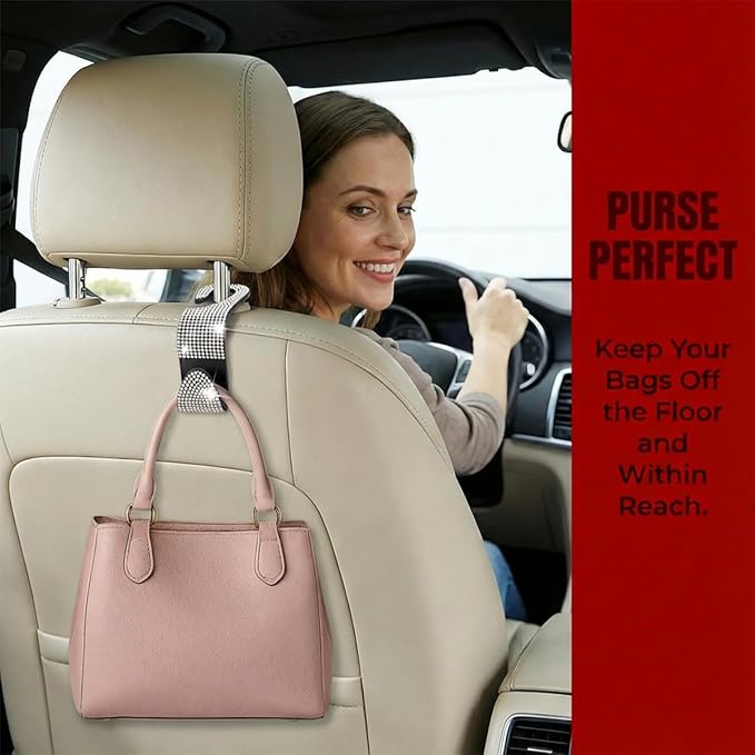 4PCS Bling Car Seat Headrest Hooks, Crystal Rhinestone Vehicle Back Seat Hanger Holder, Auto Interior Headrest Hanging Storage Organizer for Purse Handbag Coat, Universal Fit (Blue)