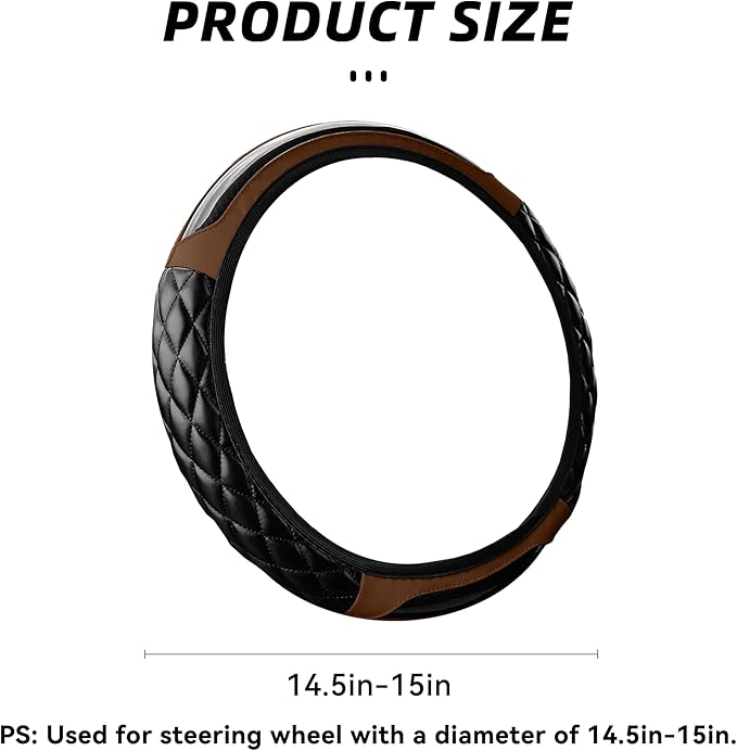 Car Steering Wheel Cover, 14.5-15inch Leather Anti-Slip Car Wheel Cover Protector, Safety Comfortable Desgin, Universal Auto Steering Wheels Accessories for Cars Truck SUV (Brown)