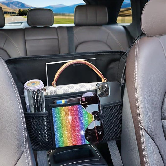 Color Diamond Car Handbag Holder Between Seats Bling Rhinestone Car Storage Bag Large Capacity Purse Phone Automotive Consoles Organizer Safe Barrier of Backseat Pet Kids…