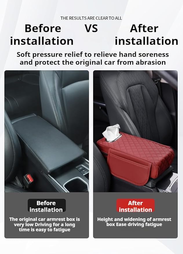 Center Console Cover Arm Rest Cover Leather Car Armrest Box Pad with Pocket Tissue Box Hole Auto Armrest Cover Cushion for Car Sedan Vehicle (Red)