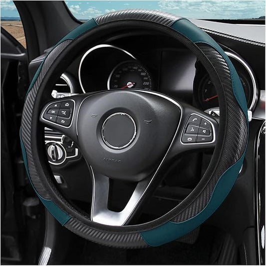 LoyaForba Steering Wheel Cover, Microfiber PU Leather Elastic Carbon Fiber Auto Protector, Universal 15 Inch Breathable Anti-Slip, Interior Accessories for Most Cars (Dark Green)