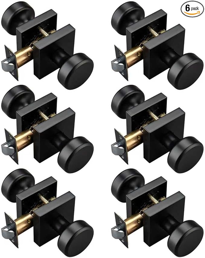 6 Pack Black Door Knobs Interior, Pismo Doorknobs with Square Rosette for Hall