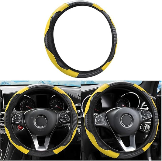 LoyaForba Car Steering Wheel Cover, Microfiber PU Leather Elastic Carbon Fiber Auto Steering Wheel Protector, Universal 15 Inch Breathable Anti-Slip, Car Interior Accessories for Most Cars (Yellow)