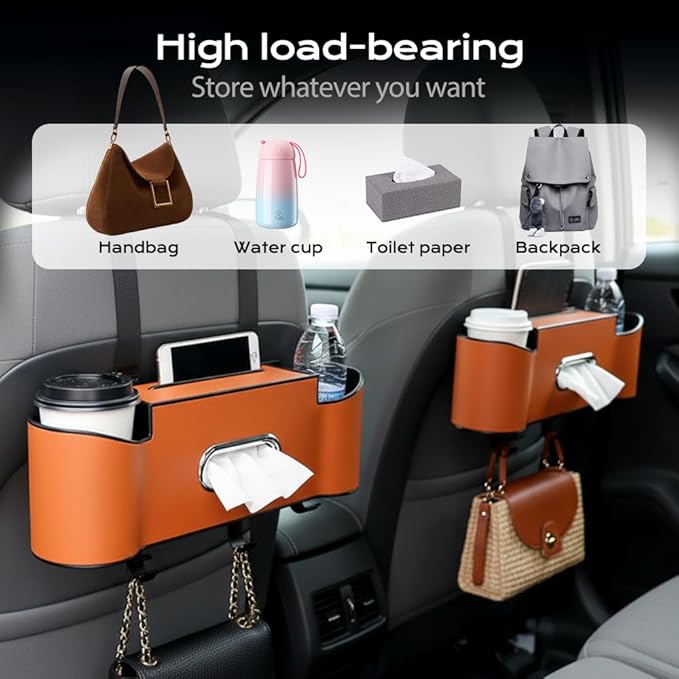 3-in-1 Car Backseat Organizer, 2026 New Multifunctional Back Seat Car Organizer with Cup Holder, Tissue Box, Trash Bin & Hooks for Hold Phones, Snacks, Drinks, Handbags (1, Beige)