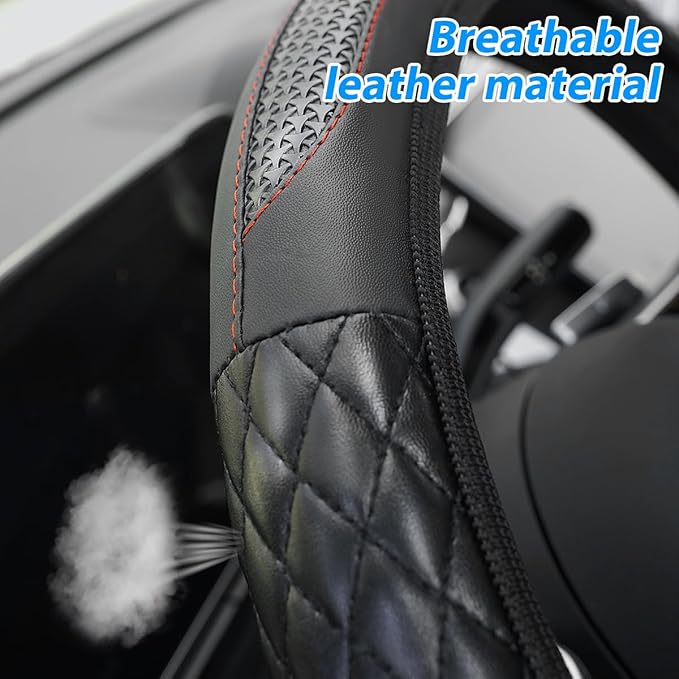 Car Steering Wheel Cover, 14.96" Leather Anti-Slip Vehicle Steering Wheel Protector with Fish Scale Graphic Grip, Automobile Interior Protection, Universal for Sedan Truck SUV (Black)