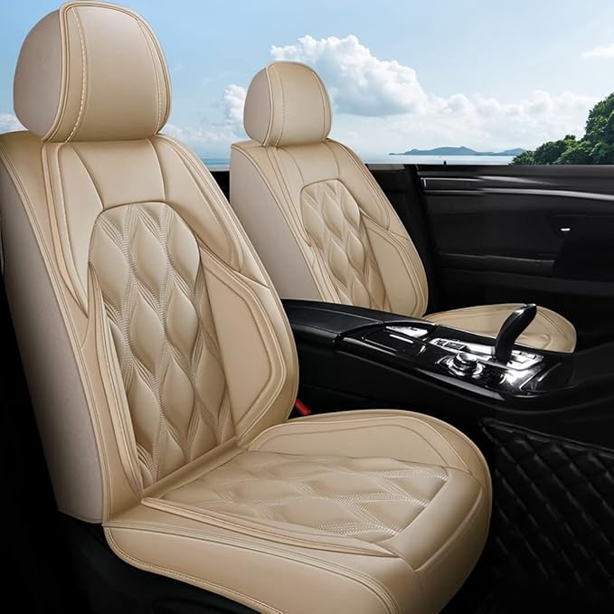 AOMSAZTO Seat Covers Fit for Toyota Camry 2002-2026: Premium Faux Leather Automotive Cushion Covers Waterproof Breathable Car Seat Cover Airbag Compatible Seat Protector (2 Front Seats/Beige)