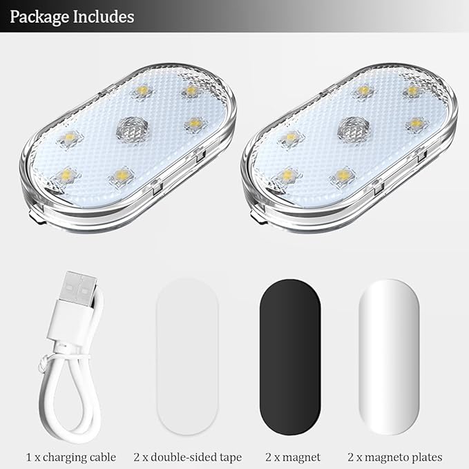 2 PCS Car Led Lights Interior,White Ambient Lighting Car Interior,USB Rechargeable Car Interior Reading Light,Portable Led Lights for Car