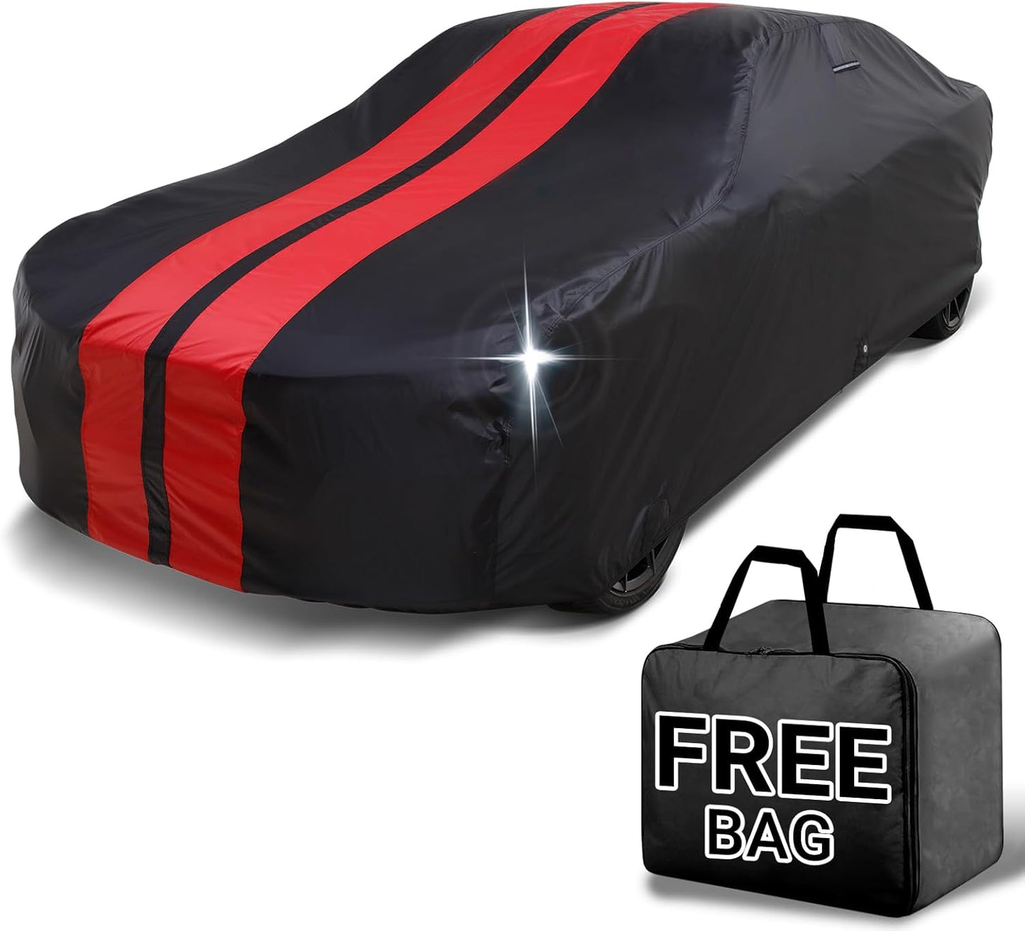 iCarCover Custom Car Cover for Chevy Malibu 2-Door (1973-1977) Waterproof All Weather Rain Snow UV Sun Protector Full Exterior Indoor Outdoor Car Cover (Stripe - Black/Red)