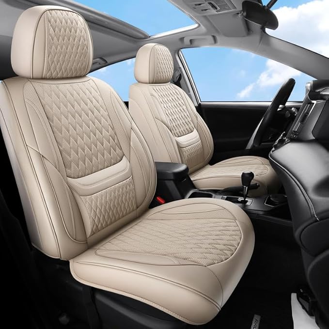 Car Seat Covers Full Set Custom Fit for Ford Fiesta 2011-2019 - Premium Faux Leather with Lumbar Support | Breathable, Waterproof, Anti-Slip, Durable (Beige,Full Set)