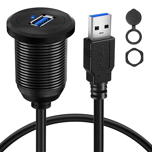 BATIGE Alloy Single Port USB 3.0 Dashboard Port Car Mount Flush Cable, Male to Female Waterproof Extension Cable for Car Truck Boat Motorcycle with LED Indicator - 3ft