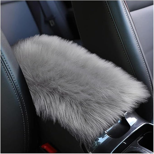 Furry Car Center Console Cover, 11.8"×7.9" Sheepskin Wool Armrest Box Cushion Pad, Comfort Soft Auto Center Console Protector, Interior Decor Accessories for Most Vehicles (Light Gray)