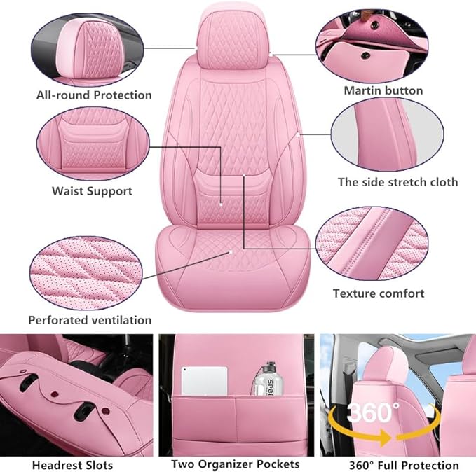 Front Seat Car Seat Covers Custom Fit for Buick Regal 2009-2020 - Premium Faux Leather with Lumbar Support | Breathable, Waterproof, Anti-Slip, Durable (Pink,Front Seat)