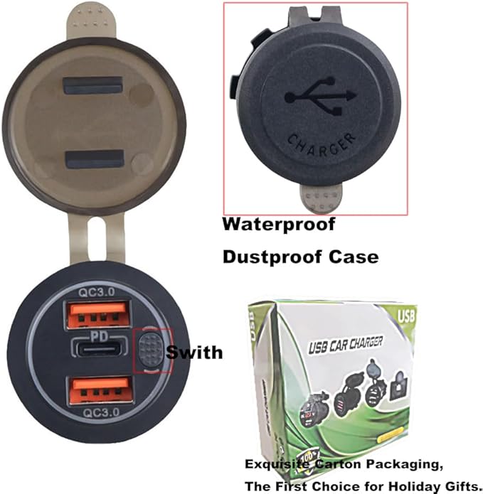 3 Ports 18W USB Car Charger with Switch, 12-24V Dual QC 3.0 USB & PD USB C Cigarette Lighter Socket Outlet, Dashboard Mount Quick Charge Charger for Car Motorcycle Truck Marine Boat ,Blue Light