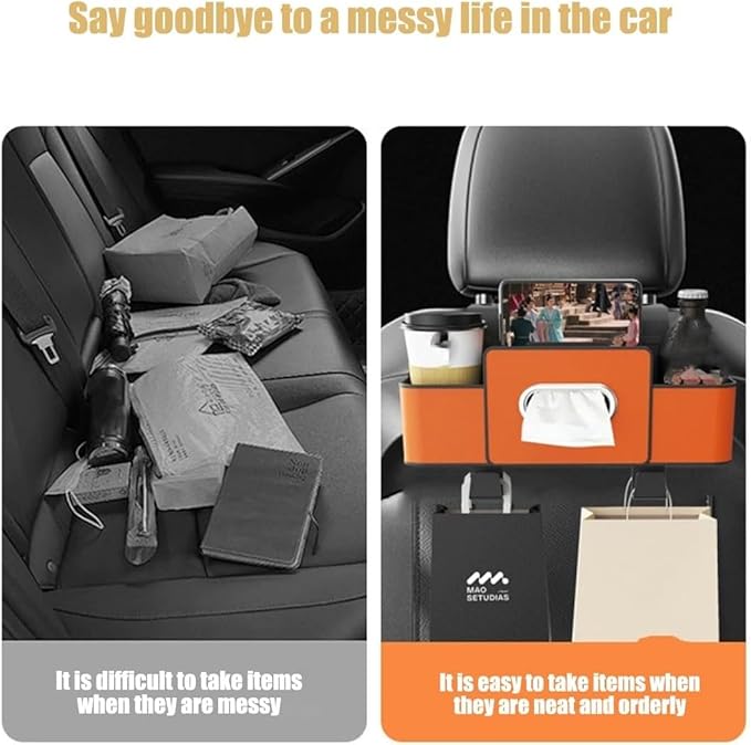 Car Multifunctional Seat Back Waterproof Storage Bag, Multifunctional & Waterproof Car Back Seat Organizer with 2 Cup Holders&Hooks, Hanging Storage Box for Most Cars (black)