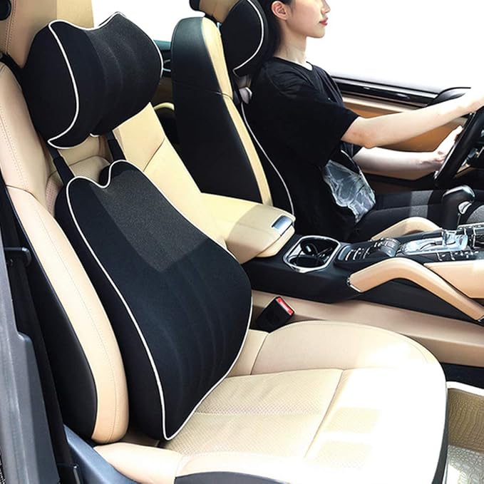Car Lumbar Support Back Cushion & Headrest Neck Pillow Kit Cushion Memory Foam Universal Fit Major Car Seat with Back Pain Relief for Car Office Home 1PCS Black