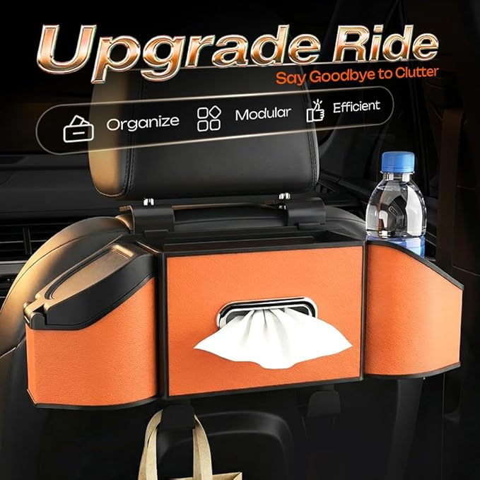 7-in-1 Car Backseat Organizer,Multifunctional Car Organizers and Storage Box with Cup Holder, Tissue Box,Trash Bin,Phone Mount and Hooks,Car Essentials Accessories for Women and Men (Gray)