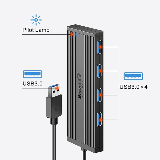 4-Port USB 3.0 Ultra-Thin Data Hub, High-Speed USB Port Expander for Laptop, MacBook, iMac, Surface Pro, XPS, Flash Drives, Mobile HDD, Printers, and More (Slim USB Hub - 4 ft)