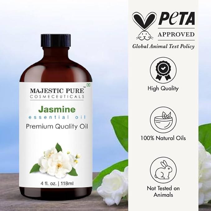 Majestic Pure Essential Oil with Glass Dropper - 100% Pure and Natural - Essential Oils for Diffuser, Aromatherapy, Soap and Candle Making, Jasmine Essential Oil, Jasmine Oil, 4 Fl Oz