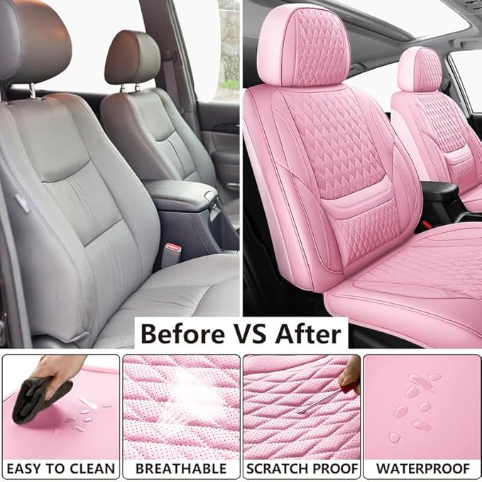 Car Seat Covers Full Set Custom Fit for Ford Fiesta 2011-2019 - Premium Faux Leather with Lumbar Support | Breathable, Waterproof, Anti-Slip, Durable (Pink,Full Set)