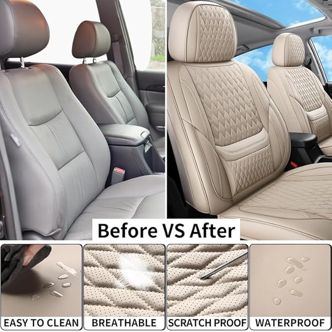 Front Seat Car Seat Covers Custom Fit for Chevrolet/Chevy Bolt 2016-2026 - Premium Faux Leather with Lumbar Support | Breathable, Waterproof, Anti-Slip, Durable (Beige,Front Seat)