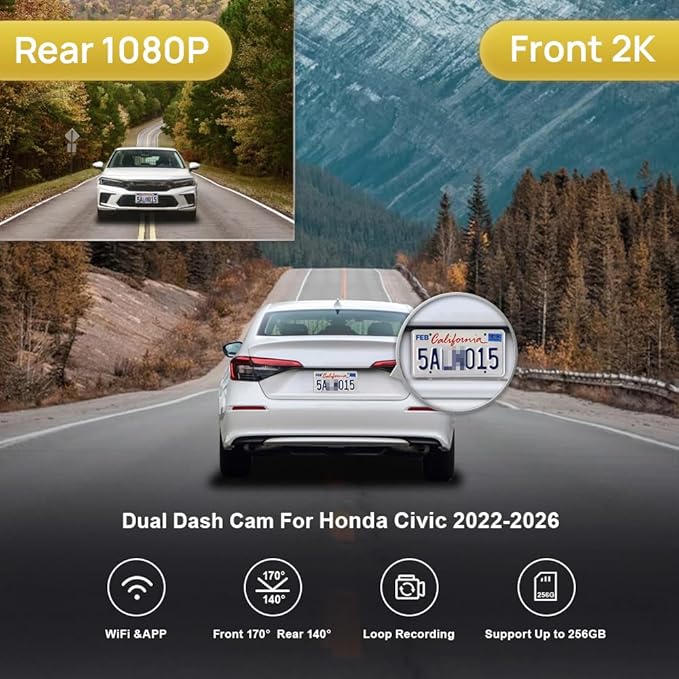 Fitcamx Front 2K+Rear 1080P Dash Cam Adapts for Honda Civic 2022-2026 (Black Cover) & Type R Si, OEM Factory Look, Dual HD Video, Loop Recording, WiFi & APP, G-Sensor, Easy to Set, 64GB Card