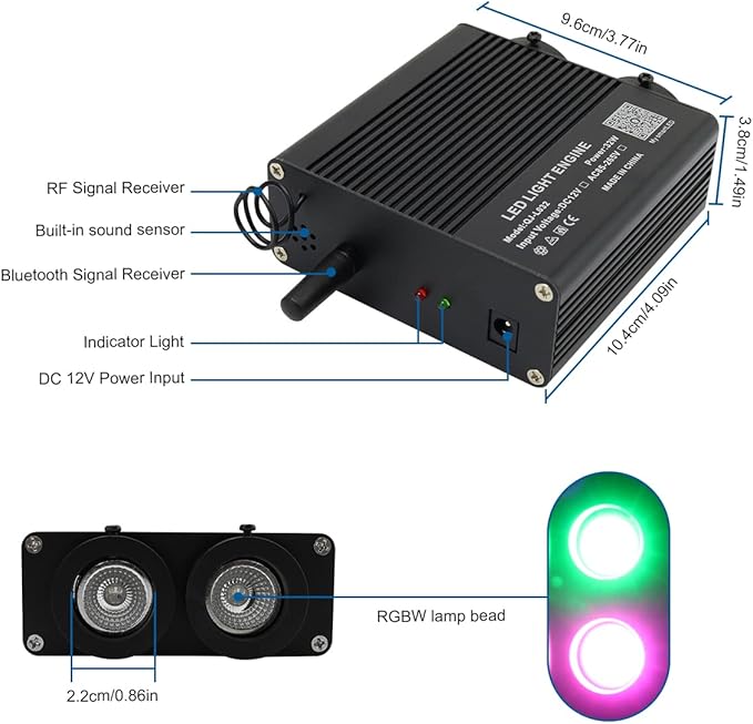 AKEPO 32W Dual-Head Different Color Music Activated Fiber Optic Lights, 900pcs of 0.03in End Glow Optical Fibers in 9.8ft+Remote/APP Control RGBW Fiber Optic Star Ceiling Light Kit Car Headliner Star