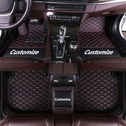 Customize Making Car Floor Mats for 99.99% Sedan SUV Pickup Truck Full Coverage Men Women Cute Leather Protection Pads Non-Slip Floor Liners (Black Red Thread)