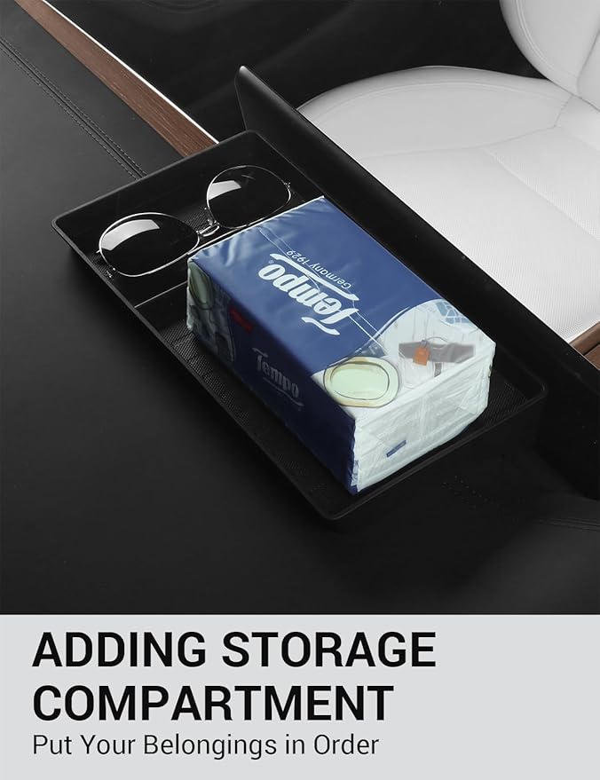 BASENOR 2022-2026 Tesla Model X Model S Center Console Organizer Behind Screen Storage Box, Dashboards Hidden Tray, Non-Slip Sunglasses Card Tissue Holder, Accessories for Refresh Plaid Long Range