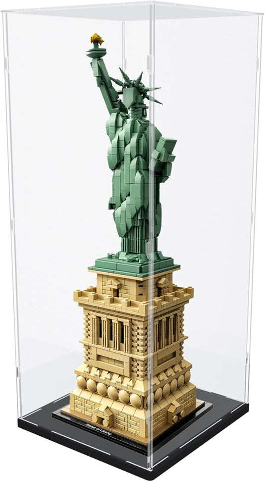 Choowin 20 inch Tall Acrylic Display Case for Lego Statue of Liberty 21042 Display Thickened Clear Acrylic Display Cases for Collectibles Figures Doll Assemble Dustproof Display Box(Black Base)