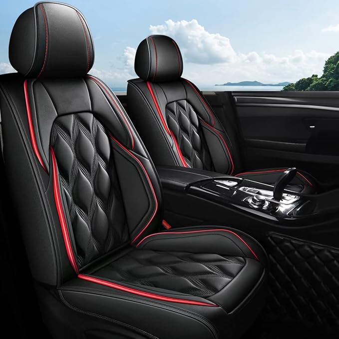 AOMSAZTO Car Seat Covers Full Set Fit for Juke 2011-2017 Waterproof Faux Leather Car Seat Cushions Automotive 5 Seat Covers Set（Black&Redline）