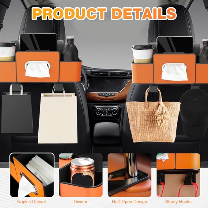 Back Seat Car Organizer,3 in 1 Car Backseat Storage Box with Cup Holder,Tissue Box,Trash Bin&Hooks,Multifunctional Waterproof Storage for Hold Phones Snacks Drinks Handbags (1, Orange)