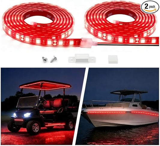 12V Marine Boat LED Light Strip Super Bright, 2 Pack 2FT IP68 Fully Waterproof RV Front Cap Lights, Golf Cart Underglow Roof Lights Strip for Truck ATV UTV SUV Car Pickup Trailer, Cuttable, Red